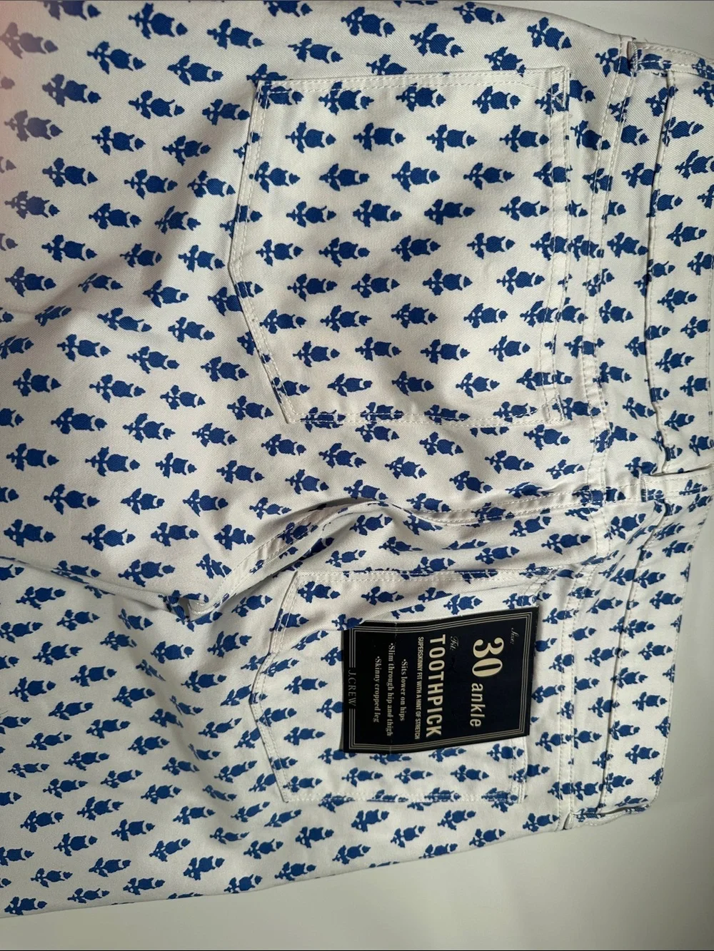 J. Crew Men’s Toothpick Ankle Jeans in White with Blue Print